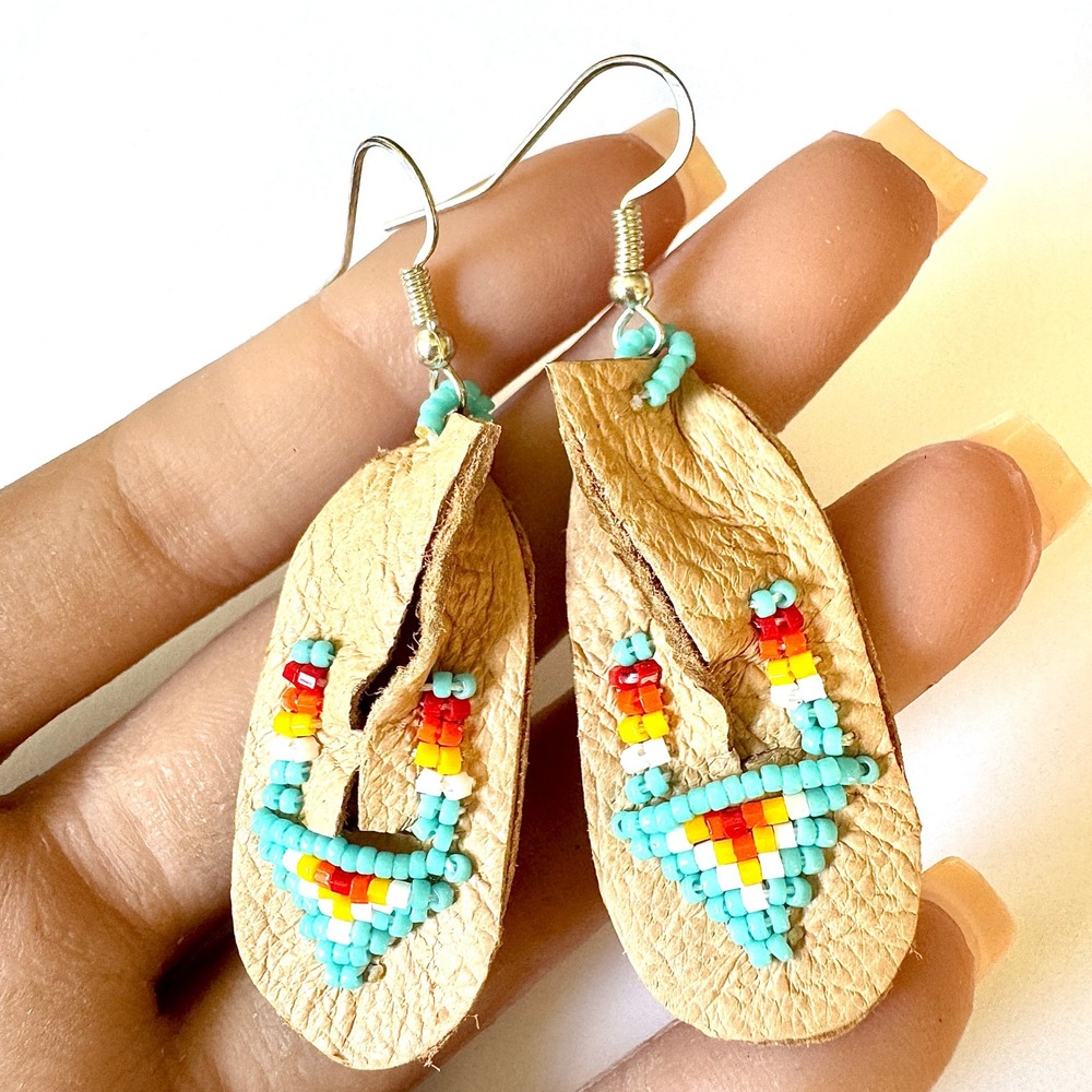 Navajo Moccasin Earrings Turquoise Native Amer Handmade Shoe Suede Mini Beaded T